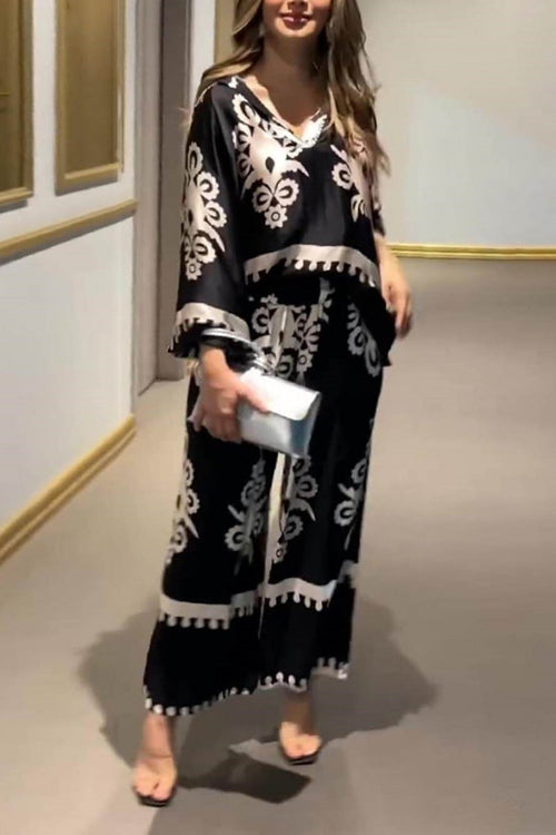 Unique Print Irregular Long Sleeve Top Long Pants Set