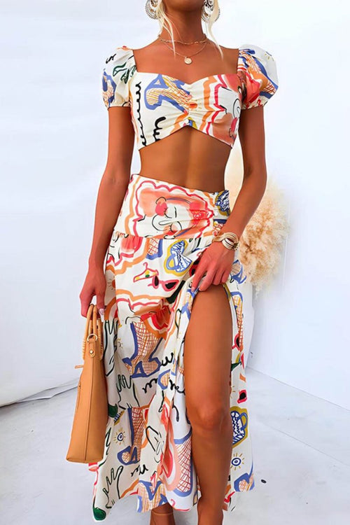 Summer Printed Top And Wrap Skirts Set