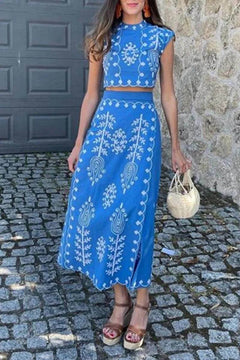 Ethnic Print Crop Top & Tire-up Wrap Midi Skirts Set