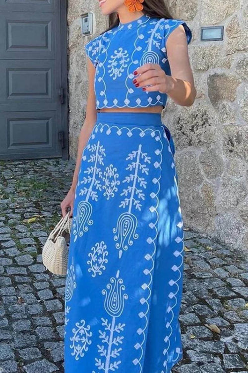 Ethnic Print Crop Top & Tire-up Wrap Midi Skirts Set