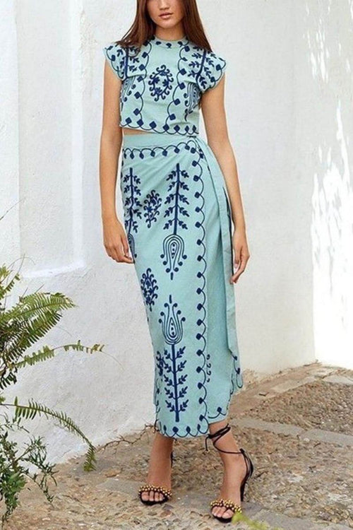 Ethnic Print Crop Top & Tire-up Wrap Midi Skirts Set