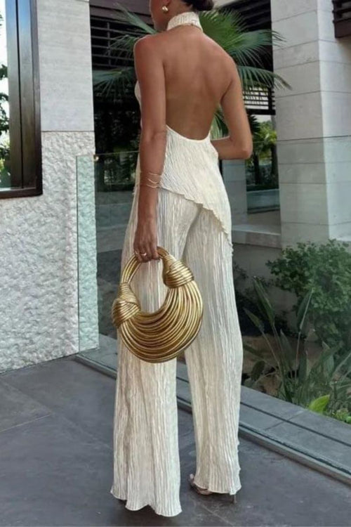 Sleeveless Halter Top High Waist Casual Wide Leg Trousers Suit