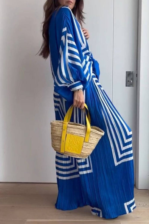 Geometric Striped Print Long Sleeve Shirt & Wide Leg Pants Sets