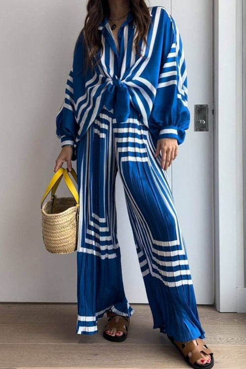 Geometric Striped Print Long Sleeve Shirt & Wide Leg Pants Sets