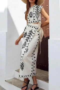 Ethnic Print Crop Top & Tire-up Wrap Midi Skirts Set