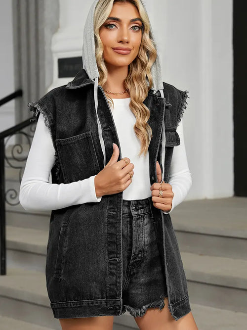 Washed Loose-Fit Hooded Denim Vest