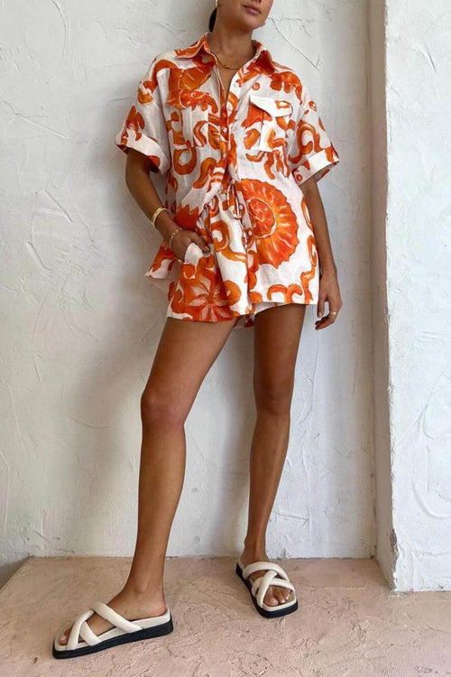 Unique Printed Shorts Lapel Loose Shirt Set