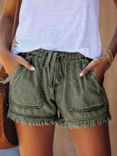 High-Waist Drawstring Slimming Denim Shorts