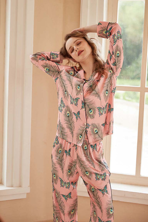 Phoenix Feather and Butterfly Print Long-Sleeve Pajama Set