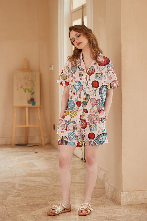 Hot Air Balloon Print Open-Front Short-Sleeve Pajama Set