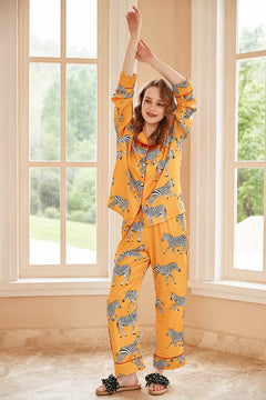 Zebra Print Long Sleeve Loungewear Set - Yellow