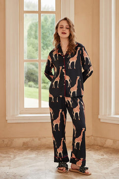 Black Giraffe Print Long-Sleeve Pajama Set