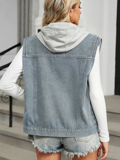 Hooded Denim Vest with Sleeveless Design