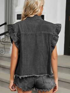 Washed Ruffle Edge Denim Vest