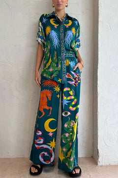 Unique Print Elastic Waist Pocketed Wide Leg Pants Set