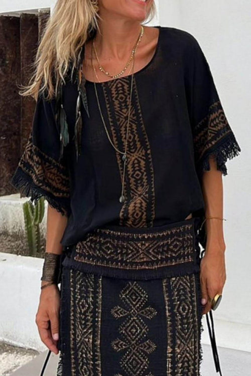 Ethnic Print Patchwork Side Lace-Up Maxi Skirt-Set