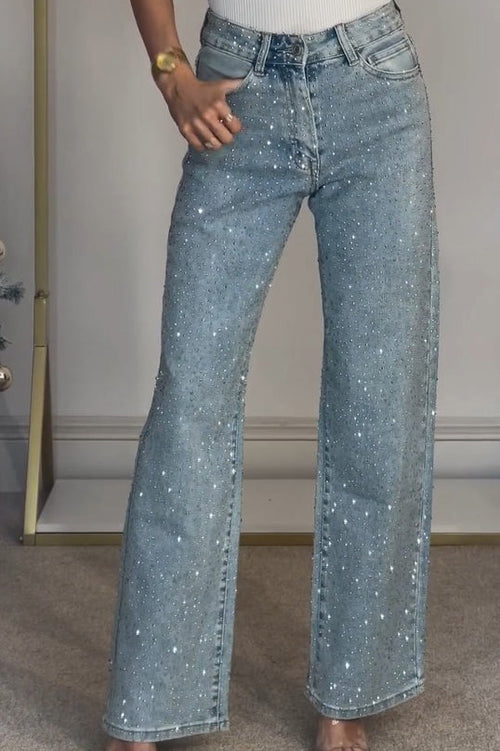 High Waisted Diamanté Straight Leg Jeans