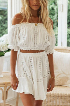 White Lace Crop Top and Skirt Matching Sets