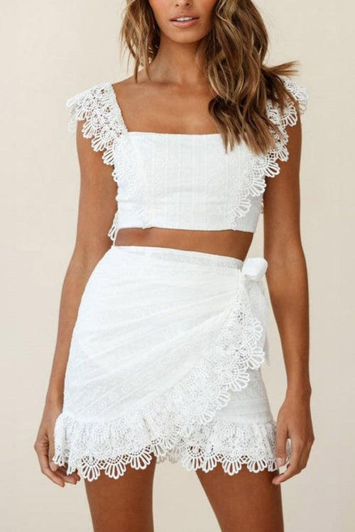 White Sonnet Lace Crop Top and Skirt Set