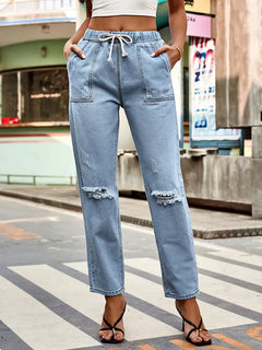 Autumn Drawstring Waist Distressed Denim Pants