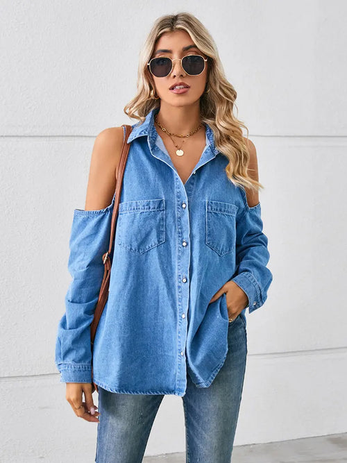 Washed Shoulder Cutout Lace-Up Denim Shirt