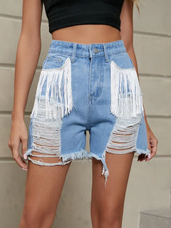 Fringe Washed Denim Shorts