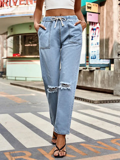 Autumn Drawstring Waist Distressed Denim Pants