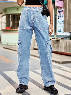 Retro Wash Elastic Waist Denim Utility Pants