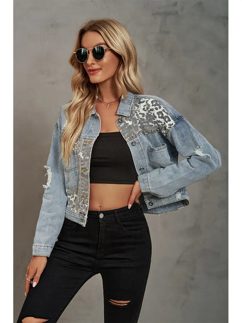 Leopard Print Denim Patchwork Jacket