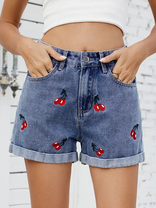 Embroidered Cherry Denim Shorts