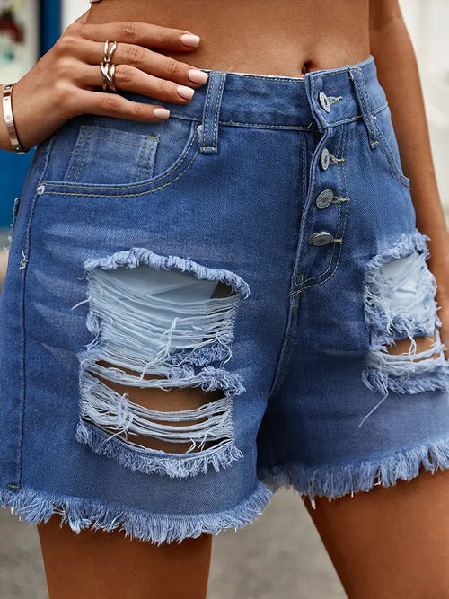 Button-Up Distressed Frayed Hem Denim Shorts