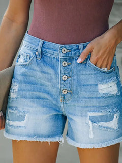 Distressed Patchwork Fringe Button-Up Denim Shorts