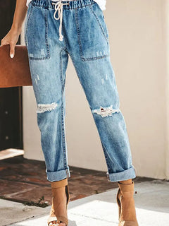 Autumn Drawstring Ripped Denim Pants