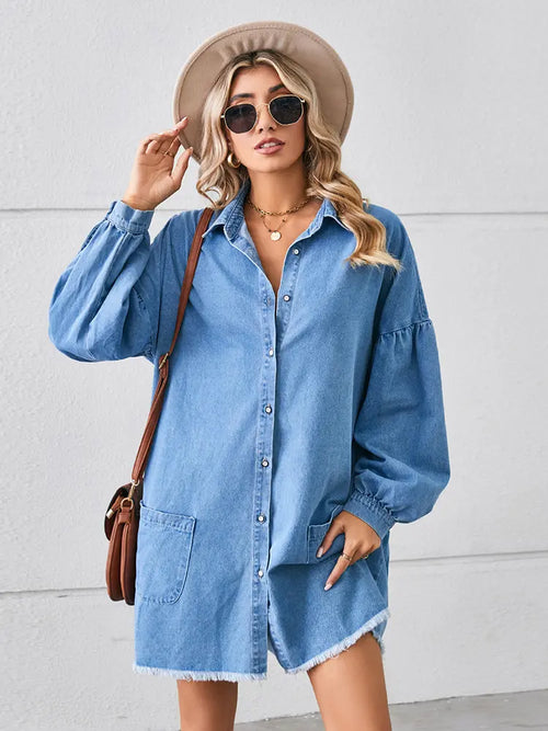 Oversized Frayed Denim Midi Dress