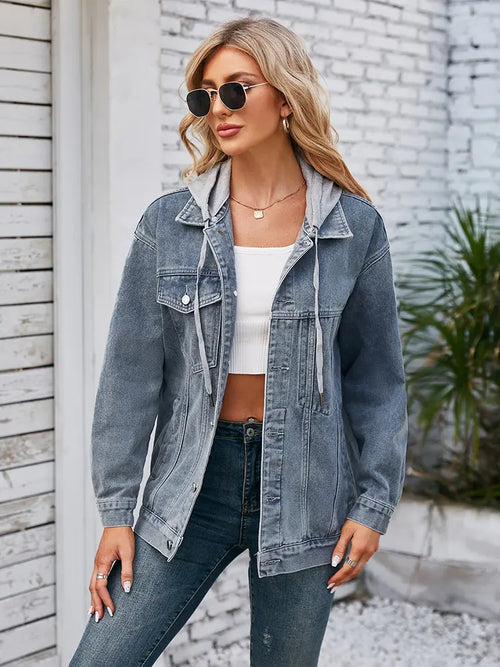 Loose Fit Mid-Length Hooded Denim Jacket