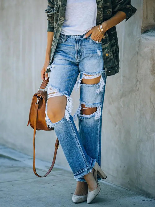 Ripped Distressed Beggar-Style Denim Pants