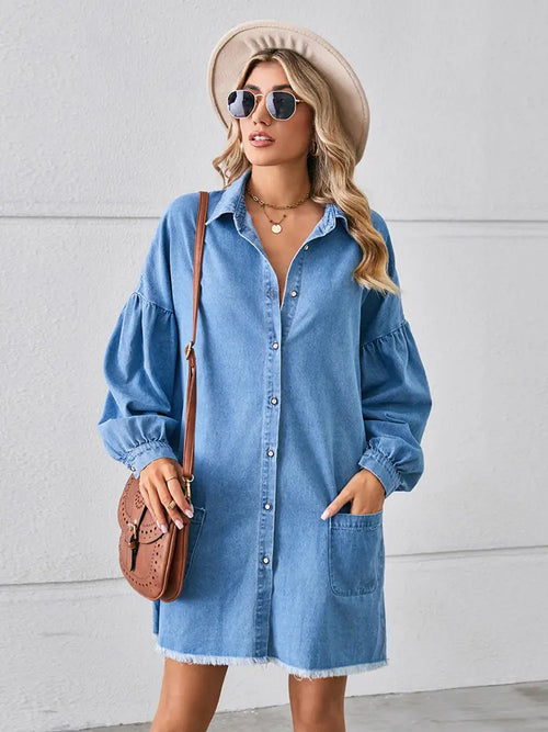 Oversized Frayed Denim Midi Dress