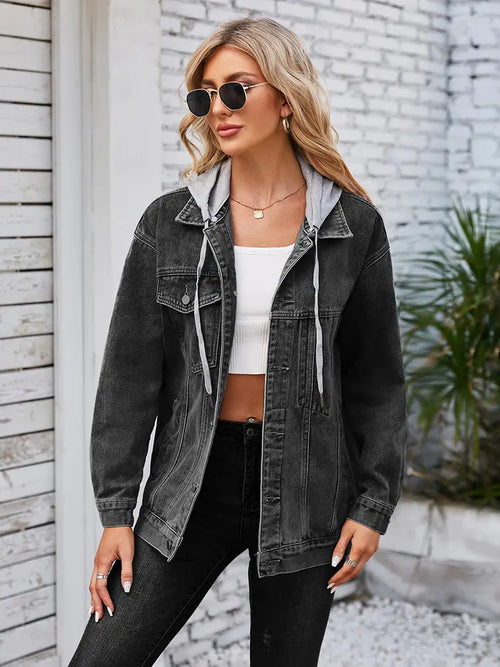 Loose Fit Mid-Length Hooded Denim Jacket