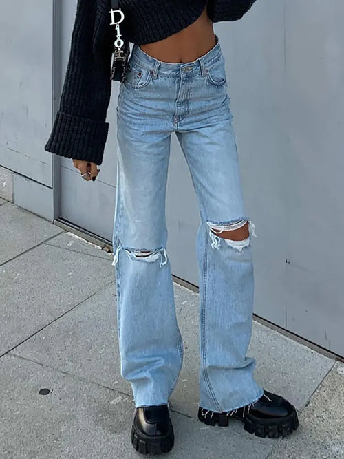 Trendy Flared Wide-Leg Ripped Denim Jeans