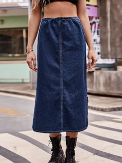 Drawstring Waist Denim Midi Skirt