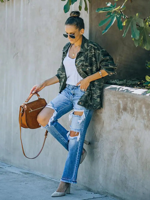 Ripped Distressed Beggar-Style Denim Pants