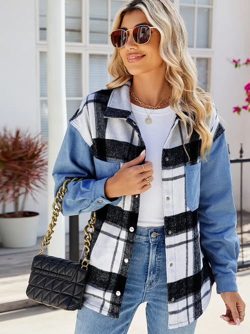 Trendy Washed Plaid Denim Jacket