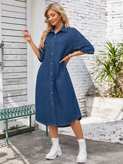 Washed Casual Short-Sleeve Denim Maxi Dress