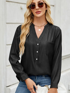 Chic Button-Down V-Neck Denim-Look Blouse