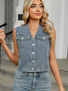 Slim Fit Button-Up Denim Vest Top