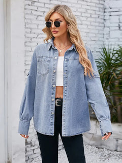 Spring Four-Button Long Sleeve Denim Shirt