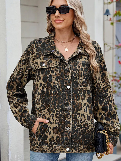 Washed Leopard Print Denim Jacket