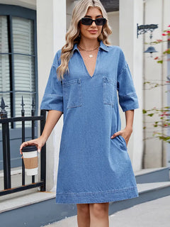 Elegant Loose-Fit V-Neck Midi Dress