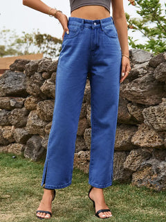 Trendy Split-Hem Washed Denim Pants