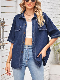 Short-Sleeve Button-Up Casual Denim Shirt